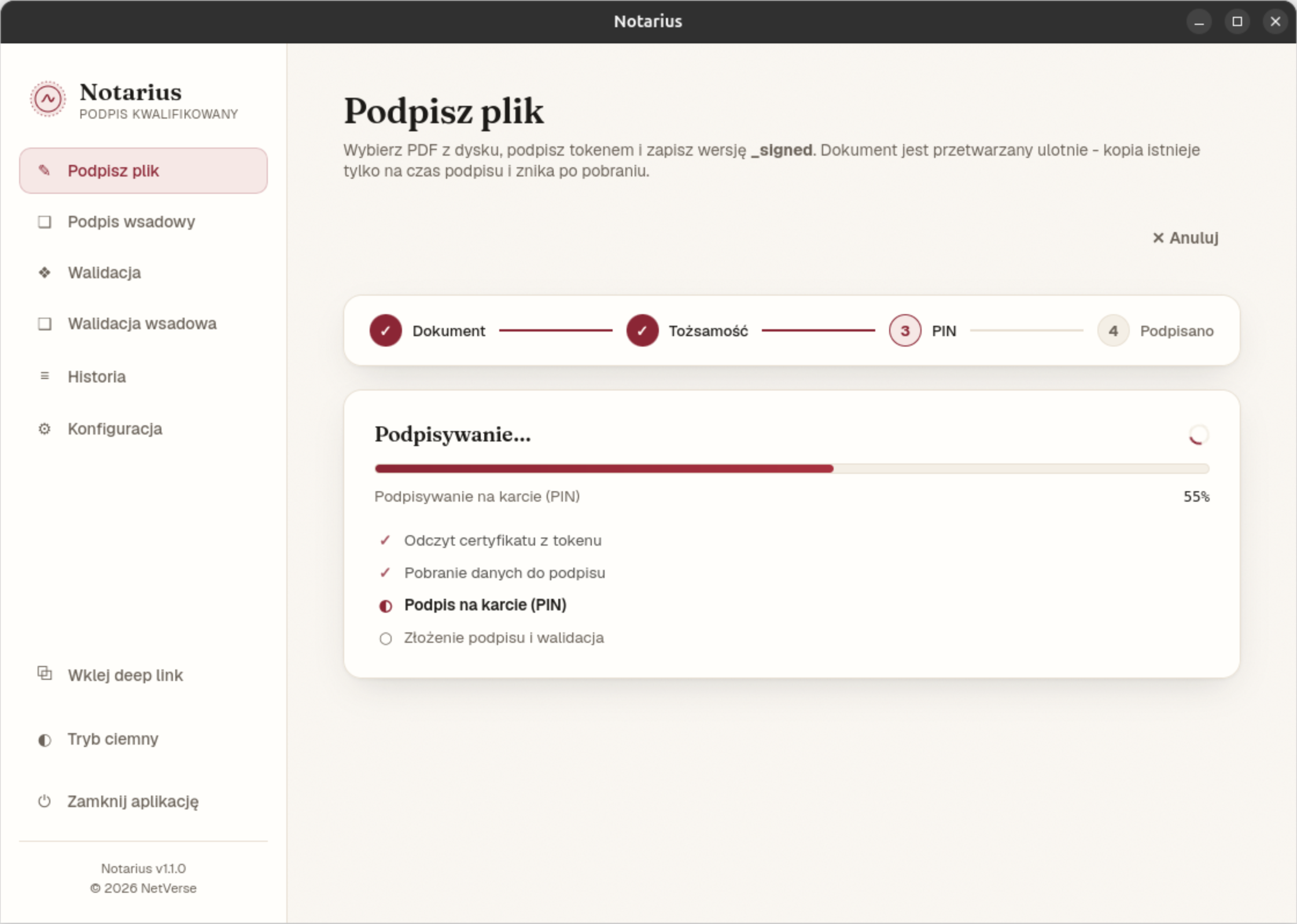 Aplikacja Notarius - ekran podpisu dokumentu tokenem kwalifikowanym